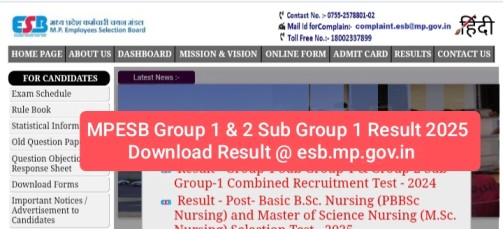MPESB Group 1 & 2 Sub Group 1 Result 2025 – Download Result @ esb.mp.gov.in